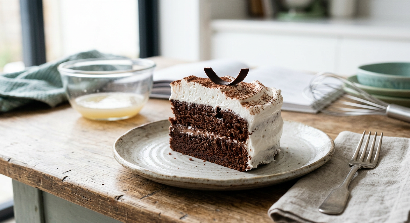 vegan chocolate cake with aquafaba frosting
