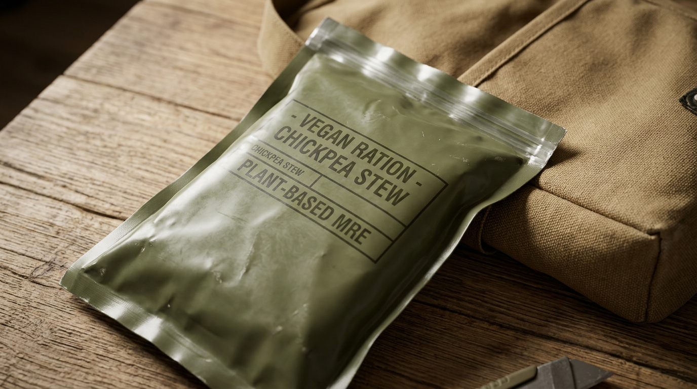 military vegan mre meal in durable packaging close-up high detail studio lighting