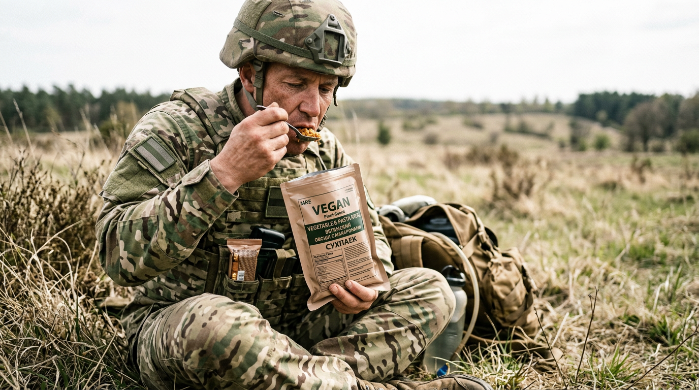 soldier in camouflage uniform eating a plant-based mre in a field environment natural light realistic