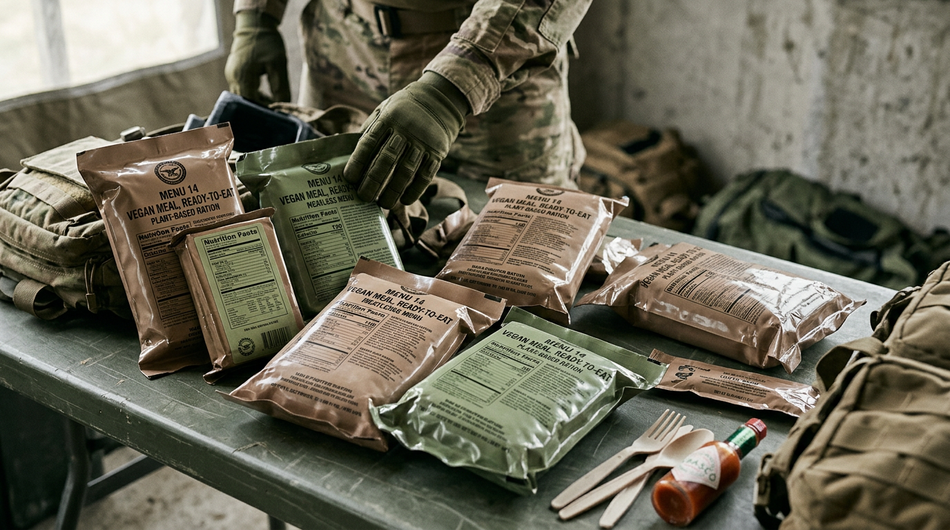 various mre ration packaging featuring vegan and plant-based labels military design arranged on a tactical table