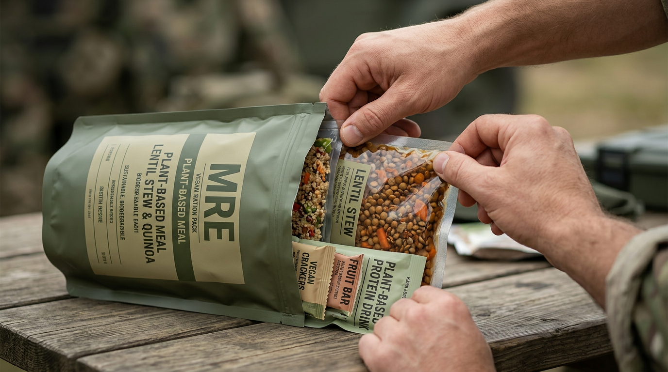 hands opening a modern vegan military ration pack showing contents like lentil stew or quinoa salad