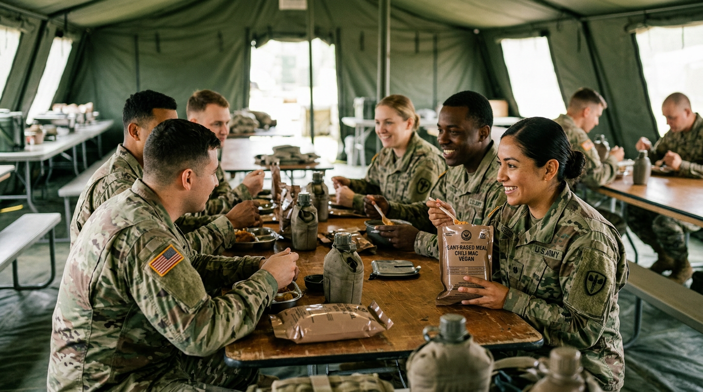 group of diverse soldiers including one eating a plant-based mre in a mess tent showing camaraderie realistic