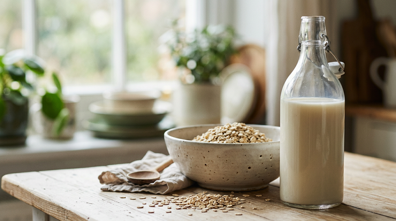 homemade oat milk in glass bottle