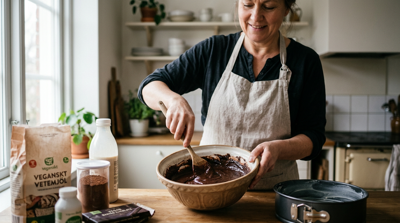 baking vegan cake in kitchen