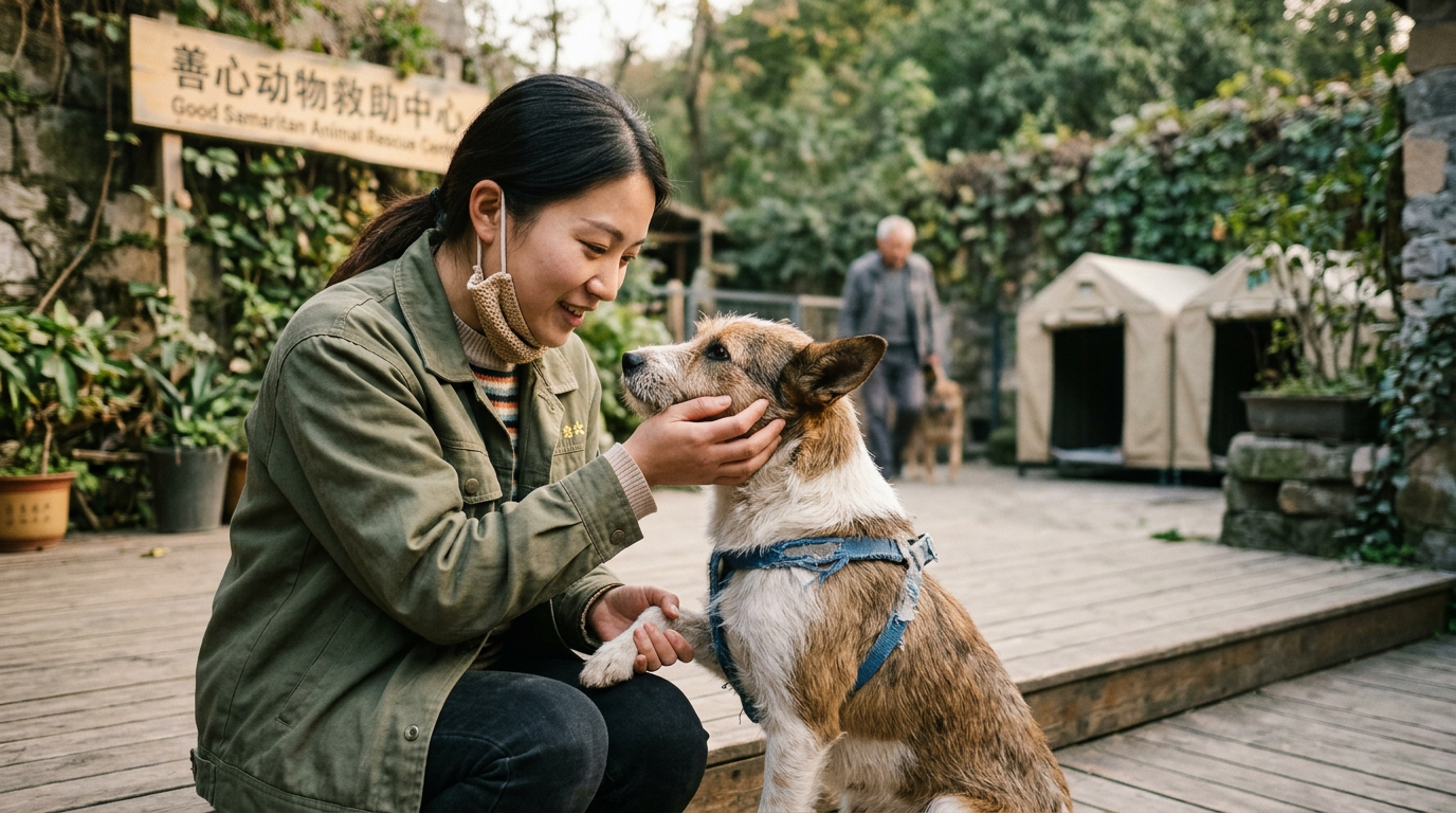 rescued dog being gently cared for by a chinese animal sanctuary worker outdoor setting soft lighting