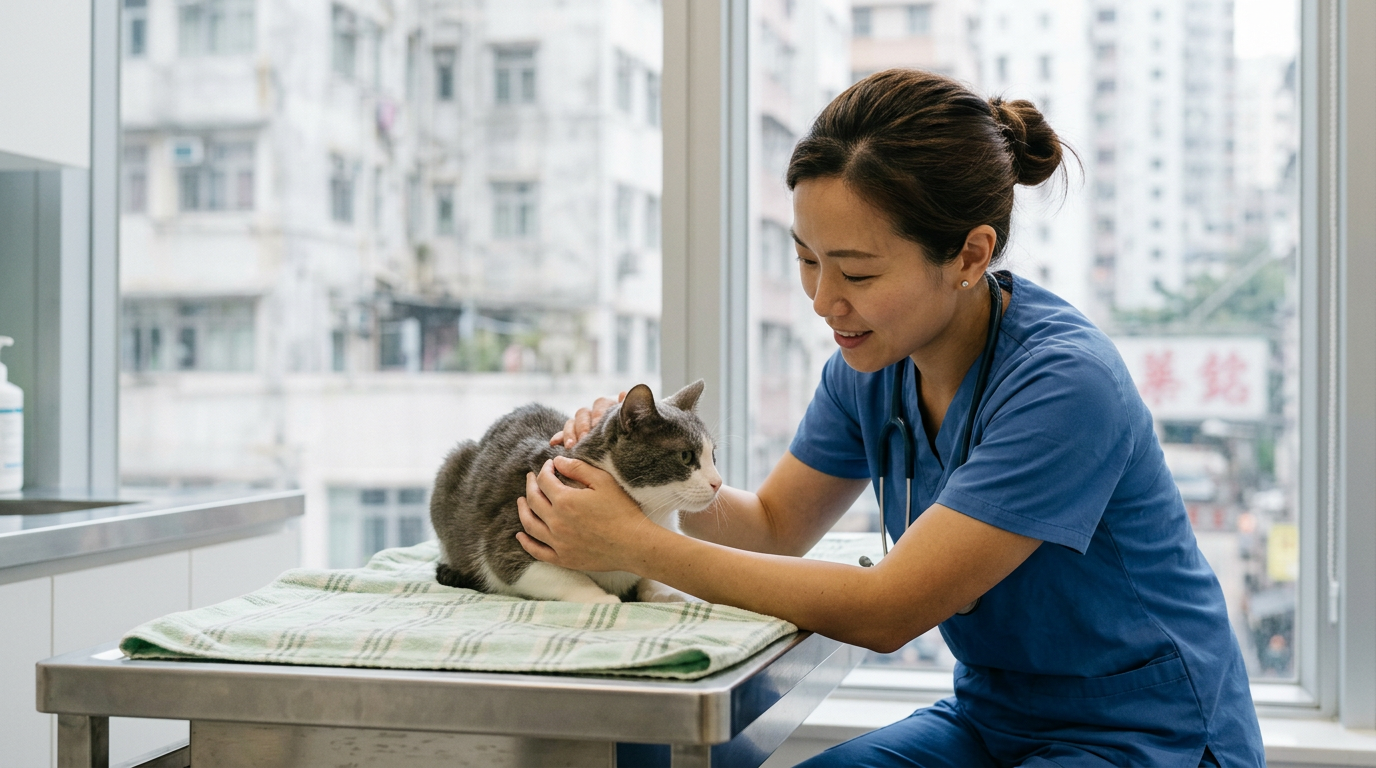 veterinarian in a hong kong animal clinic comforting a rescued cat gentle interaction clean environment