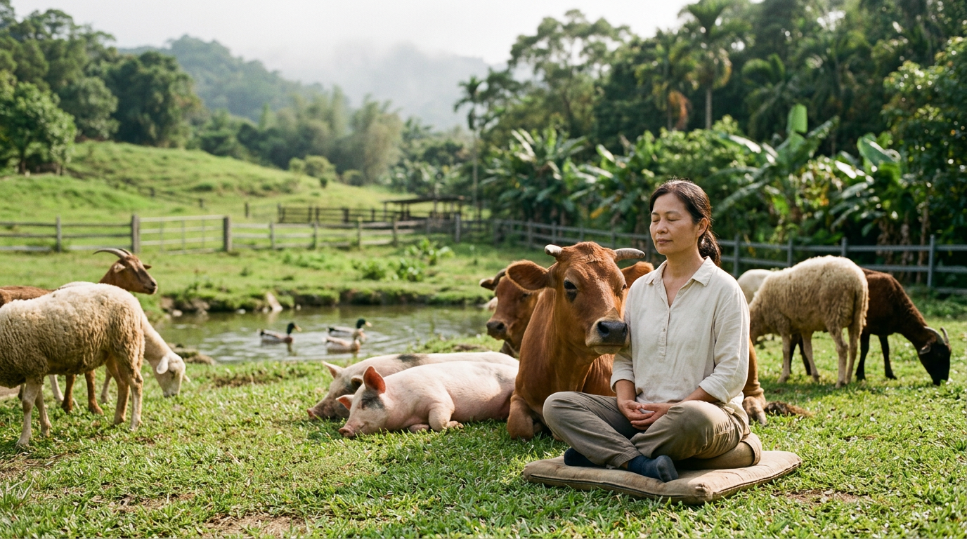 animal sanctuary worker in taiwan meditating quietly amidst rescued farm animals peaceful scene natural light