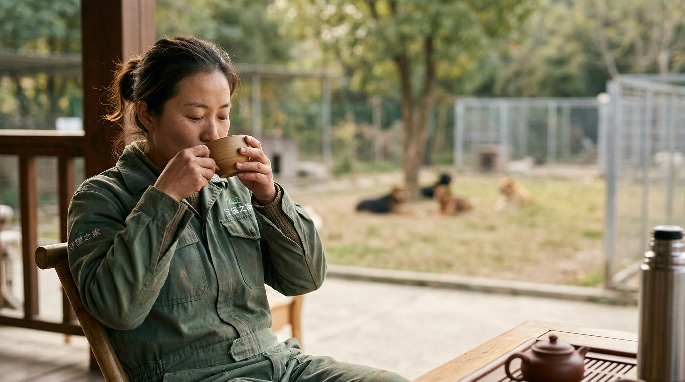 chinese animal rescue worker taking a mindful break drinking tea blurred background of sanctuary animals