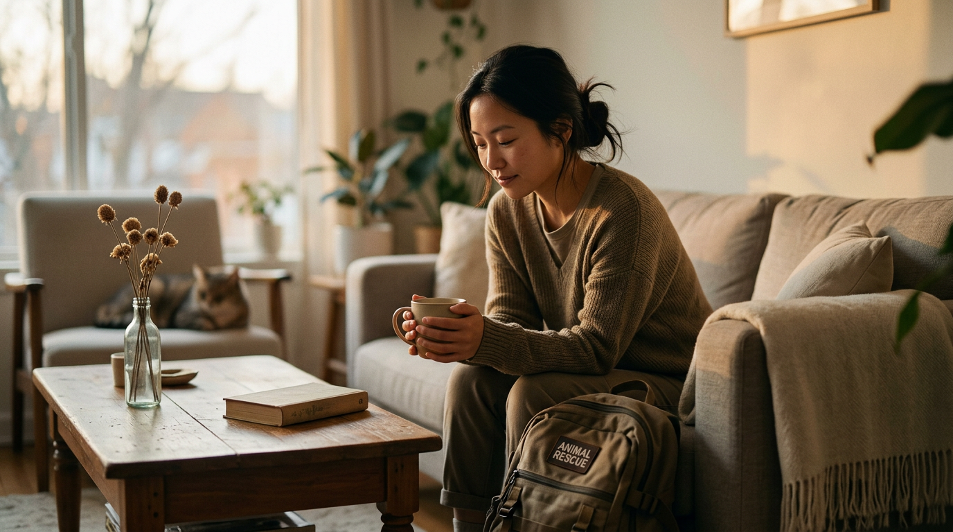 a chinese woman practicing self-care after a day of animal rescue warm lighting quiet home environment