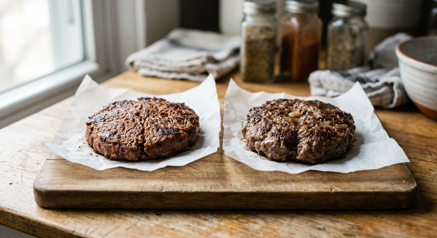 plant-based burger patty side by side beef