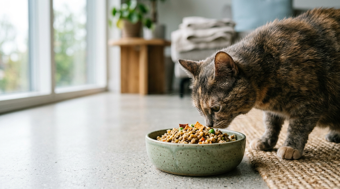 cat eating dish